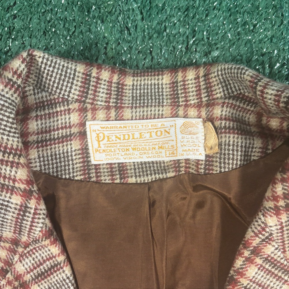 Pendleton Blazer Womens 14 Brown Red Plaid Vintage 60s Wool Fair Moth Holes - Picture 7 of 8